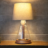 Modern industrial table lamp rustic bronze copper hardware glass wood base beige lamp shade